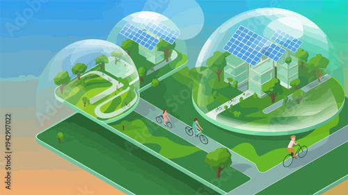 Sustainable city concept with eco friendly buildings and green spaces protected by transparent domes showcasing futuristic urban planning and environmental conservation