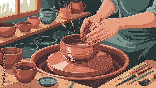 Potter shaping clay on pottery wheel in a creative studio with various ceramic pieces around
