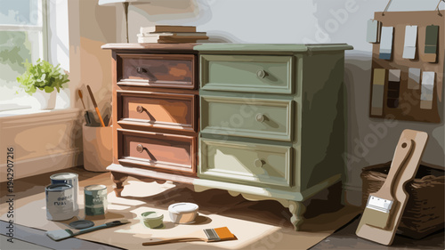 Vintage wooden dresser renovation project with paint cans and brushes on wooden floor near window with natural light