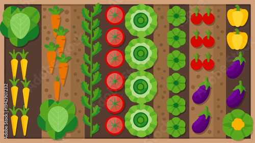 Colorful flat vegetable garden bed illustration with various vegetables and fruits in a grid pattern on brown soil