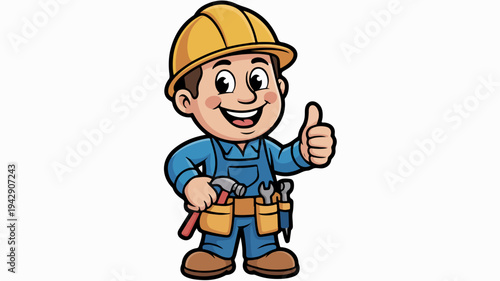 Cartoon construction worker in yellow hard hat and blue uniform giving thumbs up with tool belt on white background