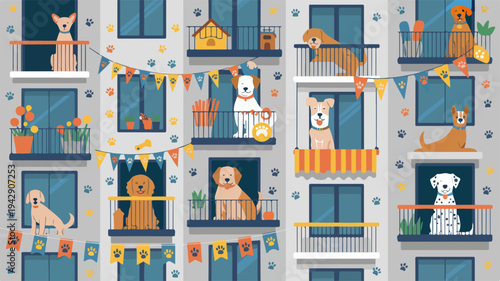 Colorful dogs on balconies with festive decorations and plants in a lively apartment building