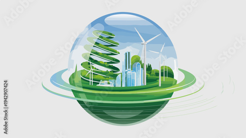 Sustainable earth with green cityscape and eco friendly elements inside transparent globe symbolizing environmental conservation and harmony