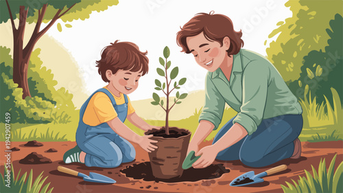 Mother and child planting a young tree together in a sunny garden nurturing growth and nature