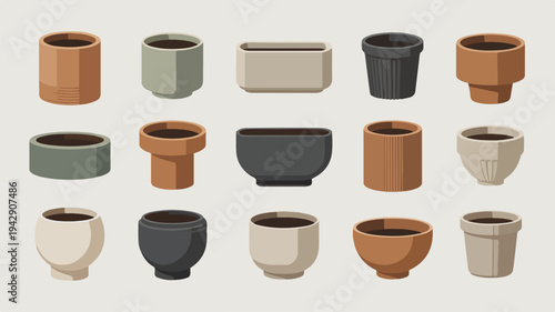 Variety of empty terracotta and ceramic plant pots in different shapes sizes and colors on a plain background for gardening and decoration