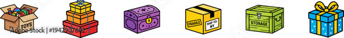 Vector icon set of colorful storage boxes, chests, and gift packages.
