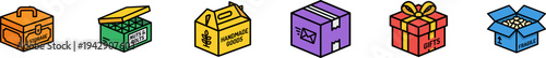 Vector icon set of colorful delivery boxes and gift packages.