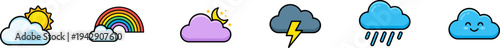 Vector icon set of weather elements with clouds, sun, and rain.