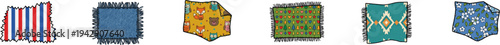 Set of colorful fabric textile patches with various patterns.