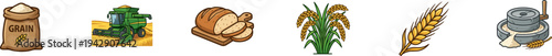 Set of agricultural and grain processing vector icons.