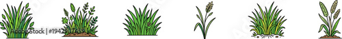 Set of green grass tufts and wildflower vector icons.