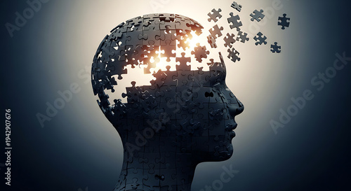 A fractured human head composed of puzzle pieces symbolizing thought on transparent background