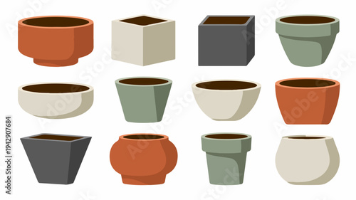 Collection of 12 modern colorful flower pots in various shapes and sizes on white background ideal for gardening and home decor