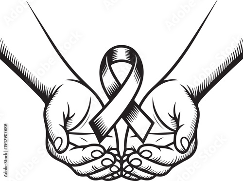 Awareness ribbon illustration — black and white line art of ribbon cupped in hands symbolizing care, compassion, and advocacy