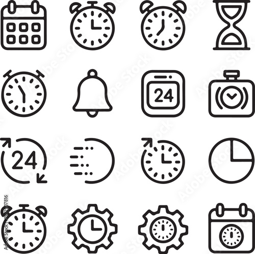 Clock icon set. Time clock icons collection. Line clocks symbol isolated on white background.
