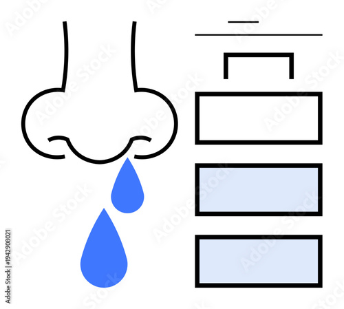 Health, hygiene, allergies, respiratory care, sinus issues, colds. A nose dripping blue drops next to tissue boxes. Health and hygiene concept with respiratory care and sinus issues focus