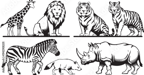 Wild animal illustration set — black and white line art featuring giraffe, lion, tiger, zebra, bear, and rhinoceros in stylized grid