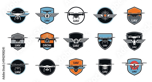 Collection of drone logos and emblems for aviation technology.