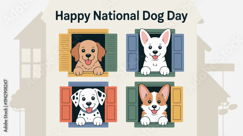Happy national dog day four cute dogs looking out of colorful windows in a house