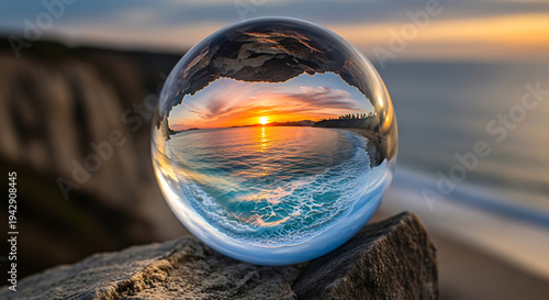 Crystal ball reflecting a vibrant sunset over ocean waves on transparent background