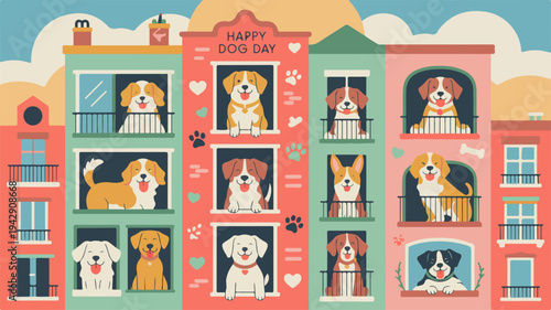 Colorful illustration of dogs in apartment building windows with heart decorations and cloudy sky