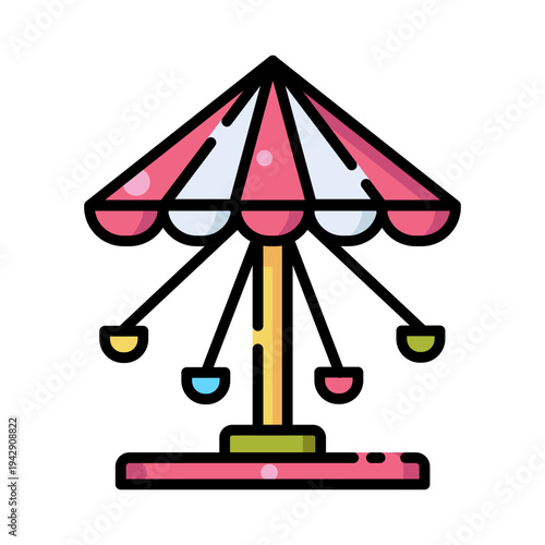 Colorful swing ride icon, amusement park carnival hand drawn vector illustration.