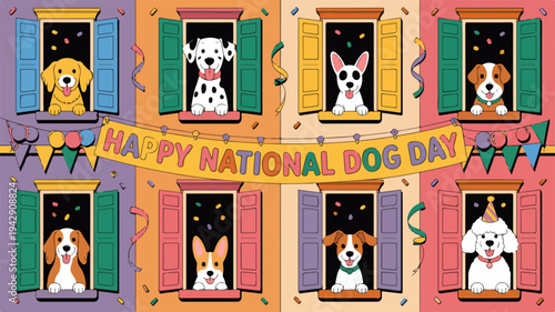 Dogs in colorful windows celebrating national dog day with banners and decorations