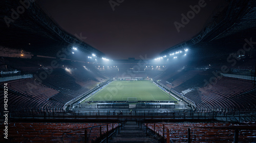 floodlight. Empty soccer stadium illuminated by powerful floodlights under a dramatic night sky. event key visuals, club posters, designed for fitness apps and gym onboarding, drives event promotion.

