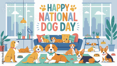 Happy national dog day celebration with multiple dogs in a cozy living room interior with city view