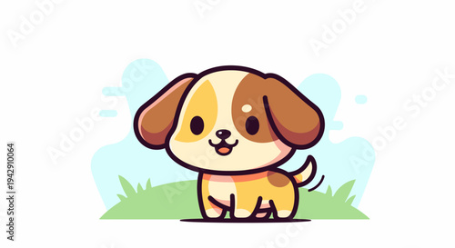 Charming Cartoon Puppy Illustration Joyfully Standing on Green Grass, Featuring a Sweet Smile and Playful Tail Wag, Ideal for Adorable Animal Content