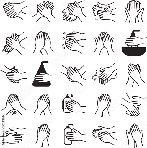 Handwashing icon set — black and white 25‑grid showing proper hygiene steps with hands, soap, bubbles, water, and cleaning actions