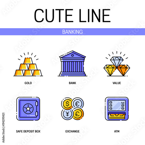 Banking related icons set contains elements of ATM machine, safe deposit box, bank building, gold bars and more. Flat filled outline style. Pixel perfect. Editable stroke