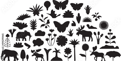 Biodiversity silhouette illustration — black and white semi‑circle of elephants, moose, birds, butterflies, trees, flowers, and plants