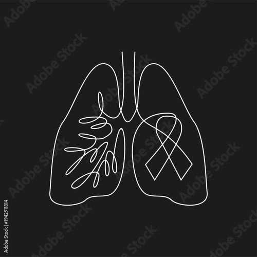 Lung awareness ribbon continuous line drawing. Human respiratory system symbol for health and medical campaigns.
