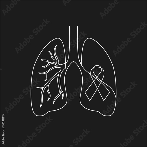 Continuous line art of human lungs with bronchial tree and an awareness ribbon symbol, depicting respiratory system health and lung disease awareness on a black background.