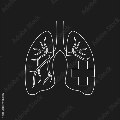 Minimalist Line Icon of Human Lungs with Bronchial Tree and Medical Cross Symbol