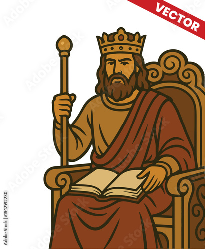 Wise King Solomon Sitting on Throne with Scepter and Book Bible Story Illustration Vector Royal Biblical Character Kingdom of Israel Wise Ruler Proverbs Religious Monarchy History Art