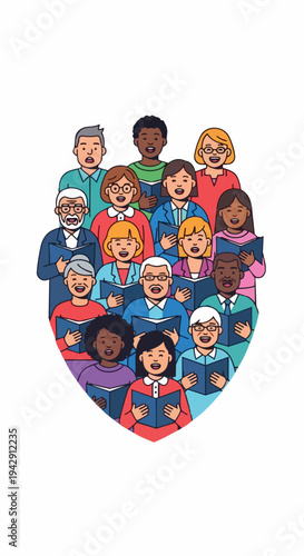 Diverse group choir singing with open music books, forming unified shield shape. Multigenerational people compose group choir, demonstrating harmony, community, and musical talent.