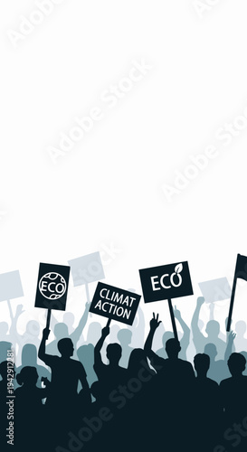 Climate action protest featuring silhouettes of people holding signs demanding environmental responsibility. Climate action protest banners display messages like 'ECO' and 'Climate Action',