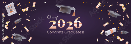 Class of 2026 Graduation Banner with 3D Diploma, Academic Caps and Gold Confetti