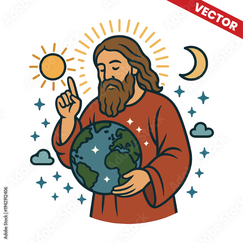 God Creating the World Universe Earth Sun Moon Stars Creation Genesis Day and Night Vector Illustration Bible Story Christian Religion