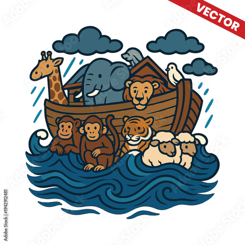 Noahs Ark with Animals Giraffe Elephant Lion Tiger Floating on Flood Water Storm Rescue Concept Vector Illustration Bible Story Old Testament