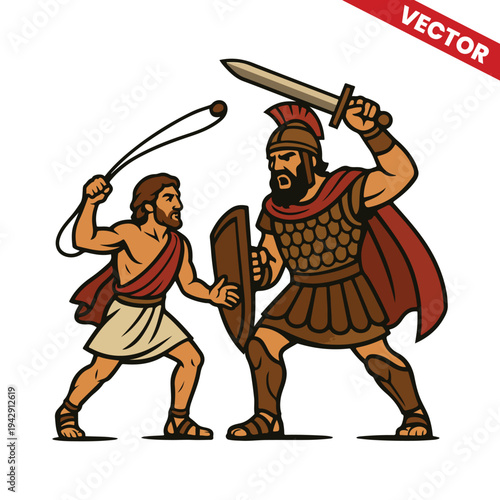 David and Goliath Battle Giant Philistine Warrior Slingshot Stone Bravery Victory Faith Concept Vector Illustration Bible Story Old Testament