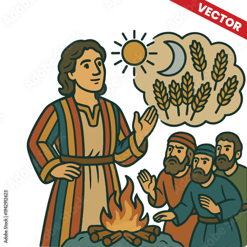 Joseph Dreaming of Sun Moon and Stars Wheat Sheaves Grain Prophecy Biblical Vision Vector Illustration Bible Story Christian Religion History Old Testament
