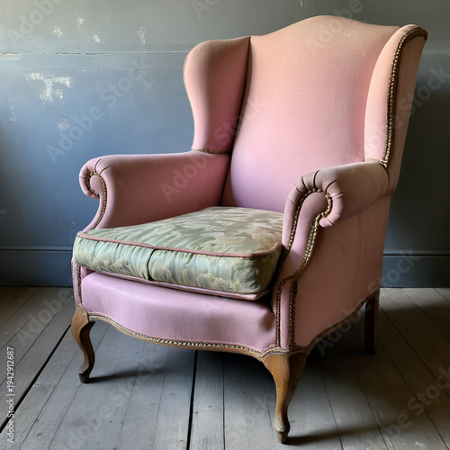 Faded pink armchair with peeling fabric and tattered upholstery showing age and neglect, needing repair or replacement