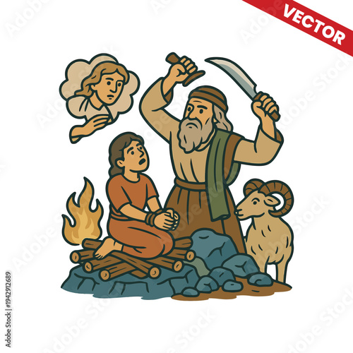 Abraham Sacrificing Isaac Bible Story Illustration, Father Offering Son to God on Altar with Angel Intervention and Ram in Thicket, Religious Christian Old Testament Vector Art for Sunday School