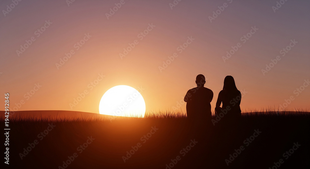 Fototapeta premium Silhouette of couple sitting on field watching giant setting sun perfect for romantic travel background