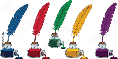 Colorful Feather Quill Pens with Ink Bottles Vintage Writing Vector Illustration Set