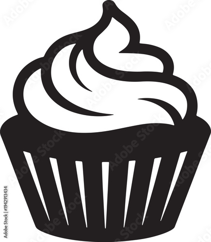 Black and white simple of a cupcake with swirled frosting dessert sweet