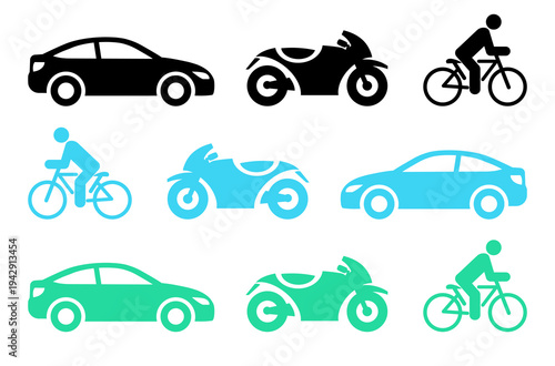 A set of flat, black, blue, and green vehicle icons including cars, motorcycles, and bicycles; icons for use as traffic sign rules.